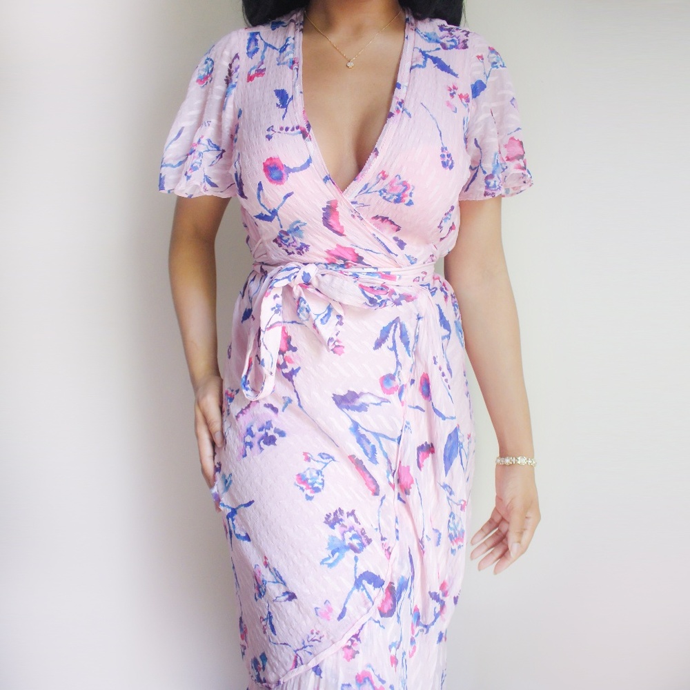 Tanya Taylor Blaire Pink Wrap Midi Dress